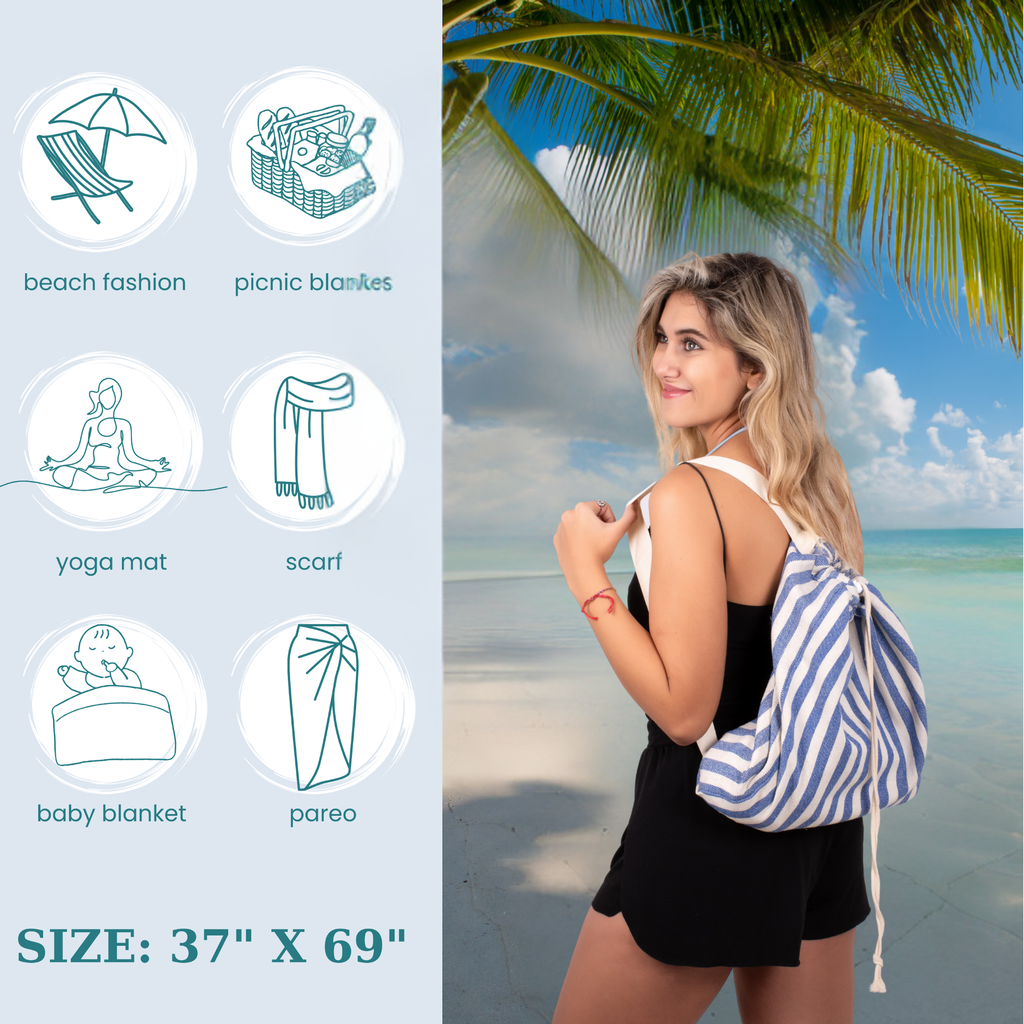2-in-1 Turkish Cotton Beach Towel Backpack, Quick-Dry Peshtemal Travel Bag, Sand Free