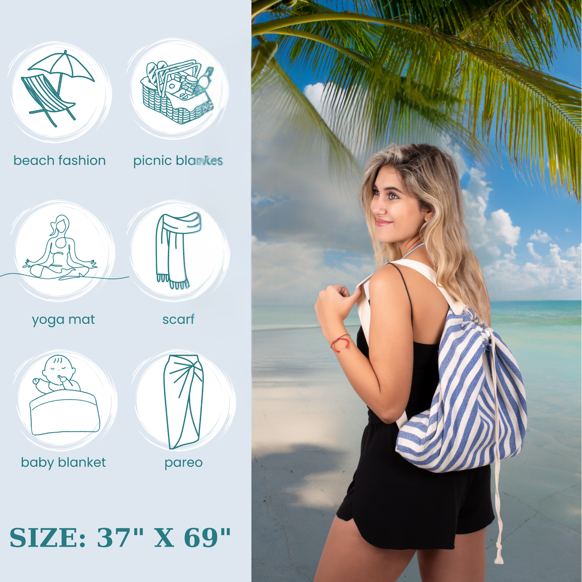 2-in-1 Turkish Cotton Beach Towel Backpack, Quick-Dry Peshtemal Travel Bag, Sand Free