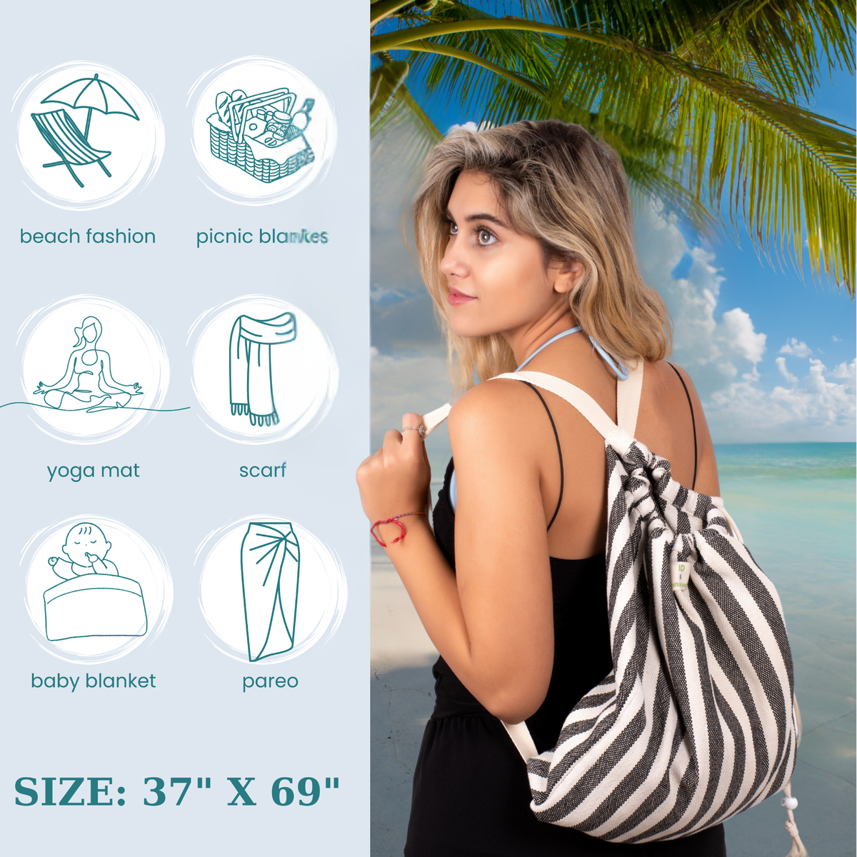 2-in-1 Turkish Cotton Beach Towel Backpack, Quick-Dry Peshtemal Travel Bag, Sand Free